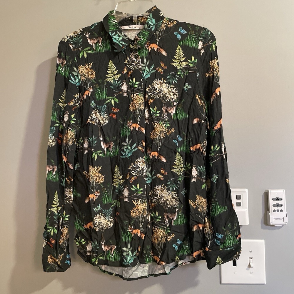 Tu‎ Woman Top Outdoor Wildlife Print Long Sleeve Button Up Viscose Womens 12